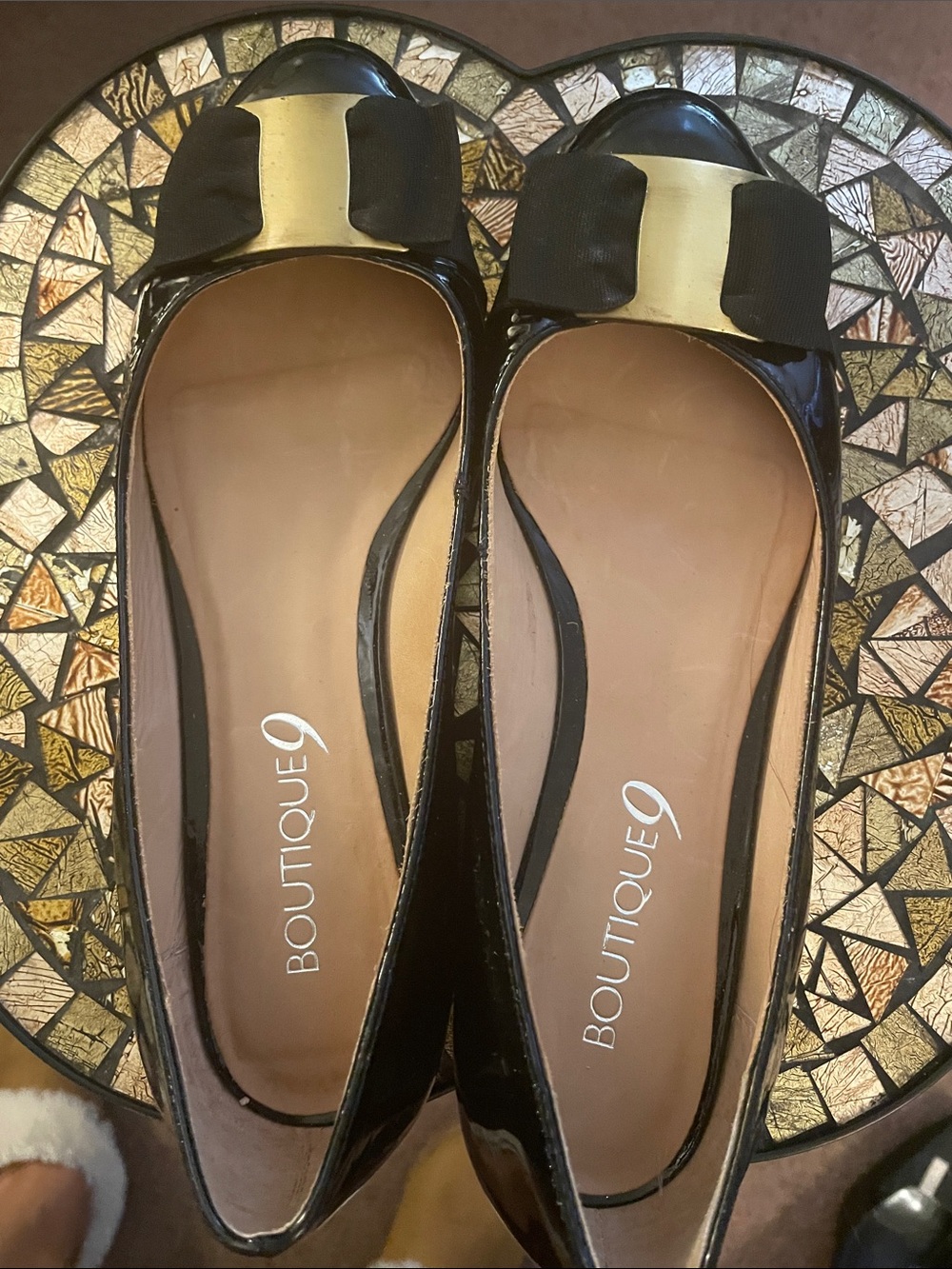 Boutique 9 Black Patent Flats with Gold Bow Trim